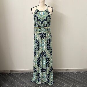 London Times Elegant Navy and Green Maxi Dress